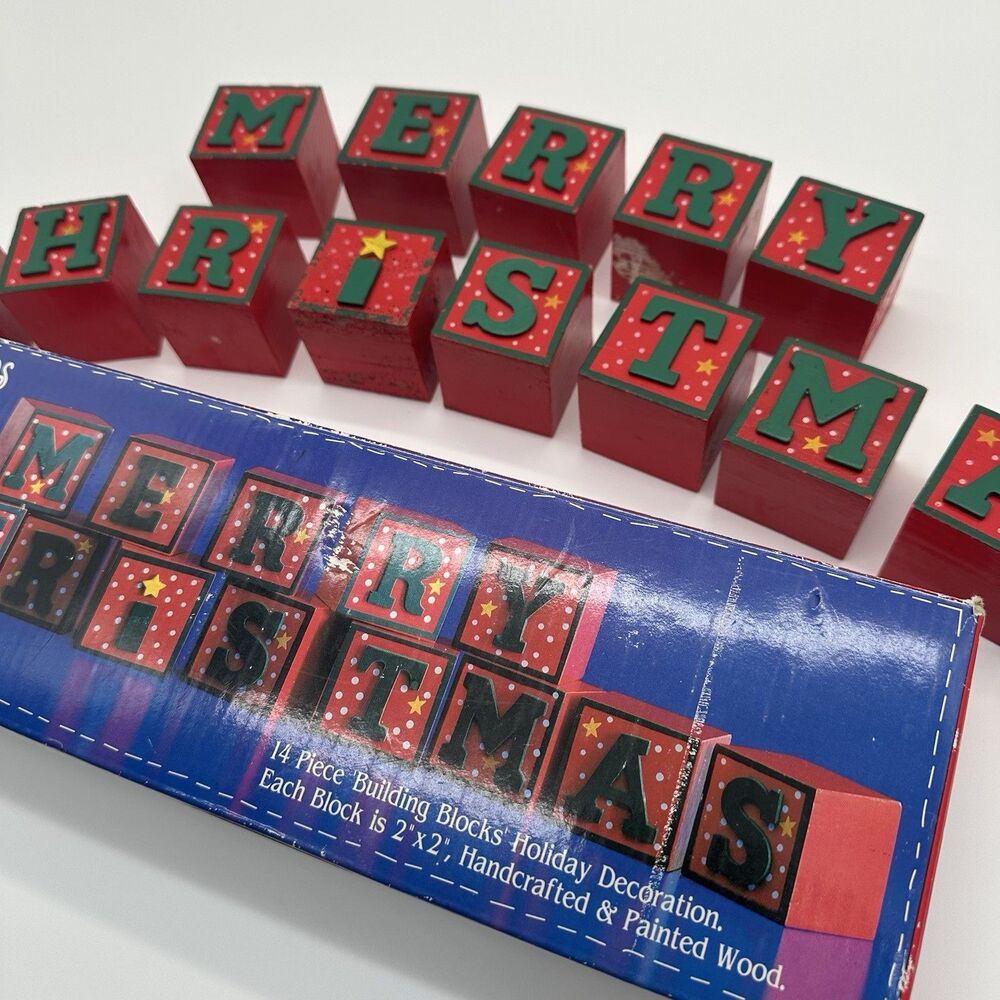 Vntg 1994 MERRY CHRISTMAS Follies Stackable Blocks 14-Piece Decoration Wood‎ 2”